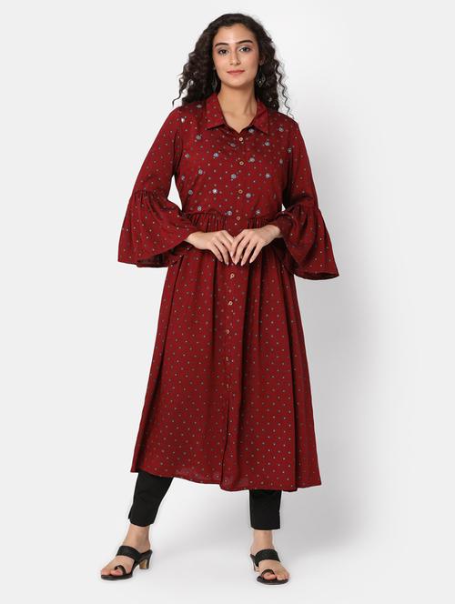 women maroon shirt collar a-line kurta - 20285823 - Very Small Image - 1