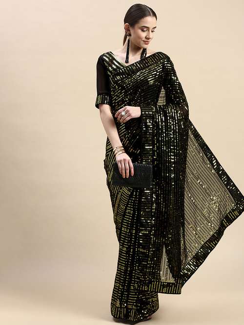 women's black colored saree with blouse - 20303125 - Very Small Image - 1