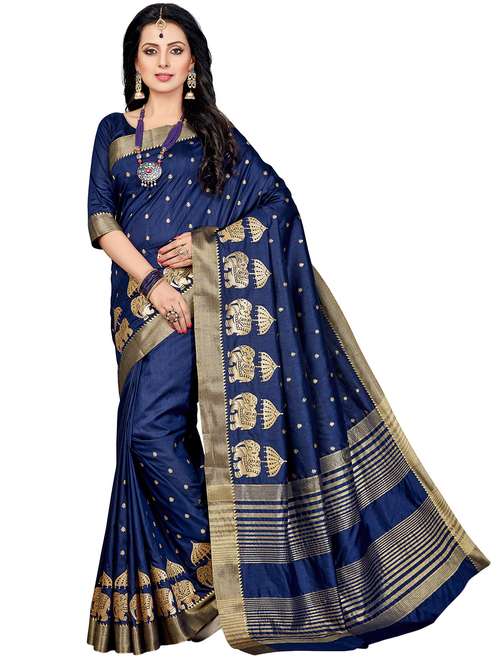 women's self design navy blue colored saree with blouse - 20306545 - Very Small Image - 1