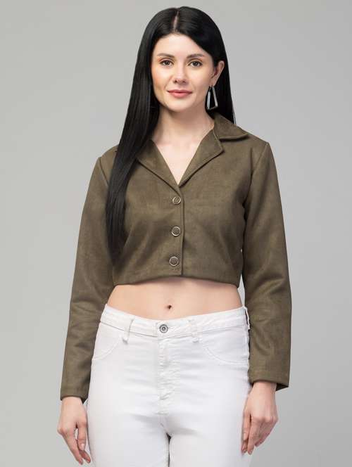 women solid faux leather summer jacket - 20340915 - Very Small Image - 1