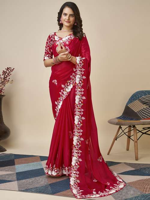 red georgette embroidered saree with blouse - 20394715 - Very Small Image - 1
