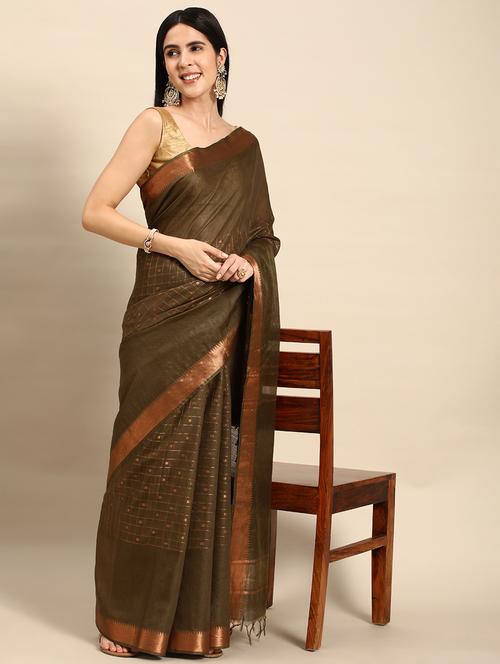 women's self design olive colored saree with blouse - 20405974 - Very Small Image - 1