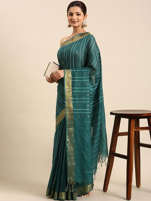 women's self design bottle green colored saree with blouse - 20406012 - Very Small Image - 1