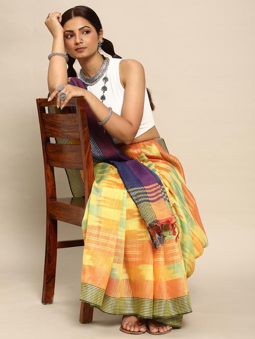 women's ikat yellow colored saree with blouse - 20406172 - Very Small Image - 1