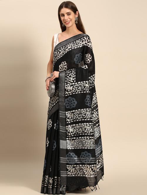 women's printed black colored saree with blouse - 20406248 - Very Small Image - 1