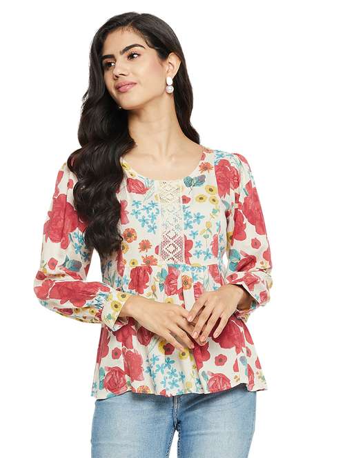 optic white floral print a-line top - 20416043 - Very Small Image - 1