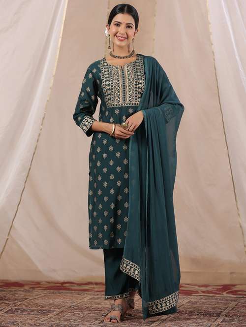 teal three quarter sleeve kurta pant set - 20419093 - Very Small Image - 1