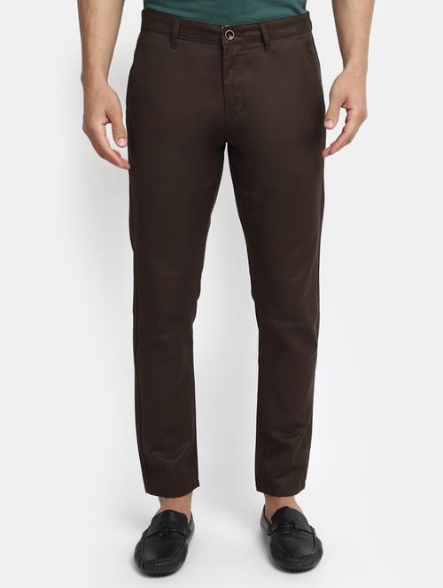 men solid brown cotton chinos slim fit casual trouser - 20420154 - Very Small Image - 1