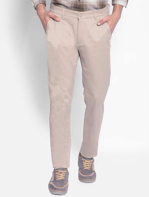 men's beige flat front casual trouser - 20449349 - Very Small Image - 1