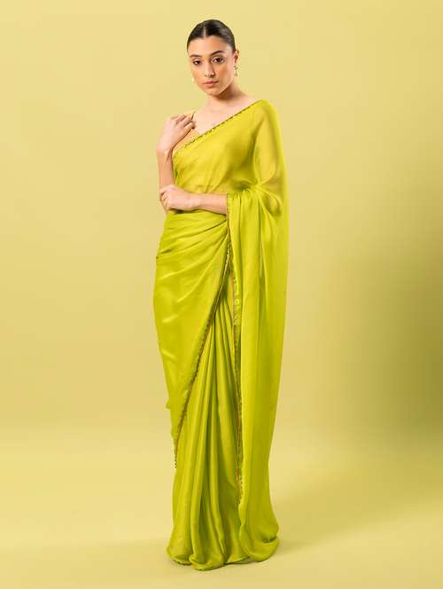 women green solid lace work saree with blouse - 20559177 - Very Small Image - 1