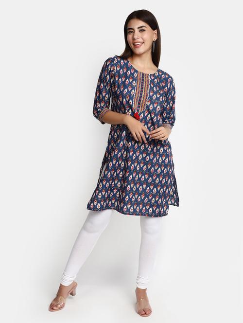 navy blue block print cotton straight kurta - 20594661 - Very Small Image - 1
