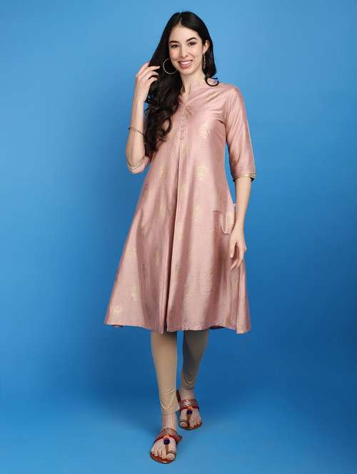 women pink mandarin neck a-line kurta - 20806475 - Very Small Image - 1