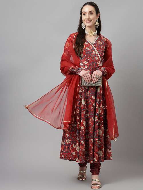women red floral printed anarkali kurta churidaar set with dupatta - 20895404 - Very Small Image - 1