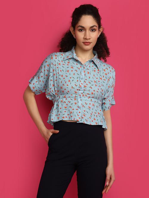women light blue floral printed crop top - 21022467 - Very Small Image - 1