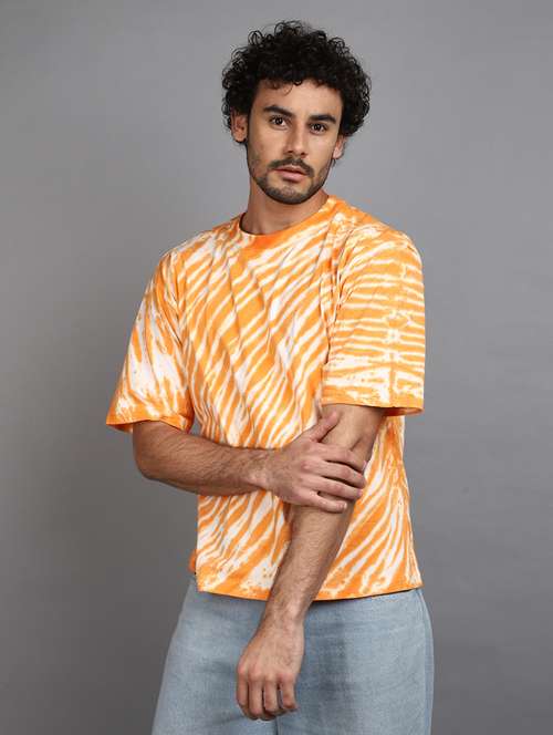 men orange tie & dye printed casual t-shirt - 21024033 - Very Small Image - 1
