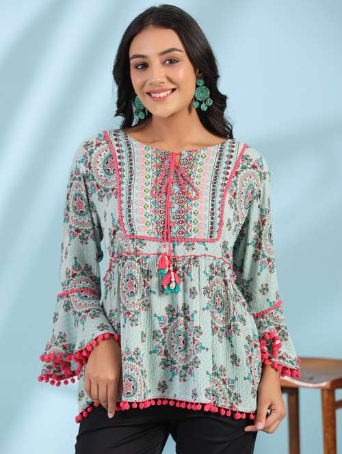 green printed detailed tunic top - 21034857 - Very Small Image - 1