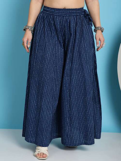 navy blue printed flared palazzo - 21059917 - Very Small Image - 1
