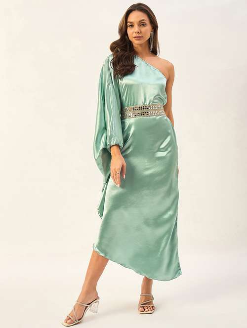 sea green polyester single shoulder dress - 21099699 - Very Small Image - 1