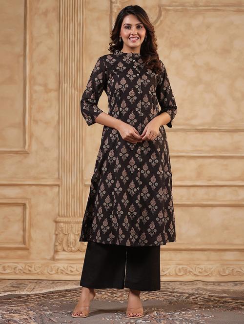 black floral cotton a-line kurta - 21104191 - Very Small Image - 1