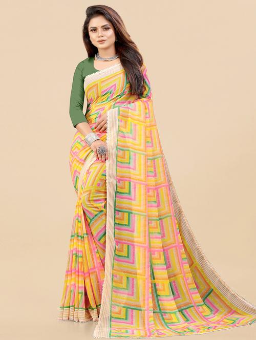 women yellow printed georgette saree with blouse - 21139111 - Very Small Image - 1