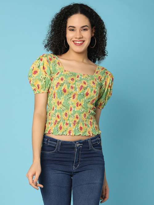 women printed puff sleeves crop top - 21176598 - Very Small Image - 1