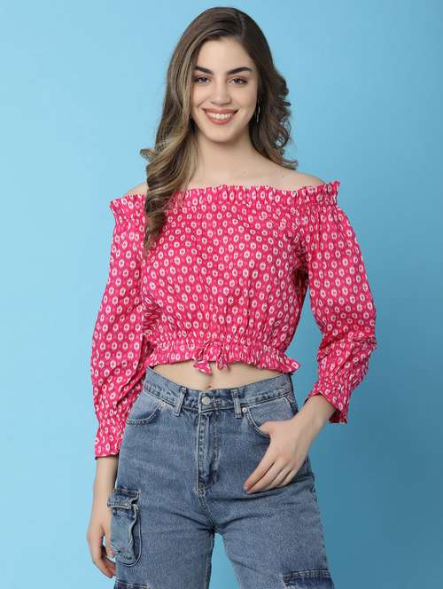 women printed off shoulder crop top - 21176618 - Very Small Image - 1