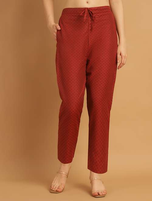 maroon cotton straight tapered pant - 21180226 - Very Small Image - 1