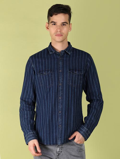men blue striped regular fit collared casual shirt - 21194988 - Very Small Image - 1