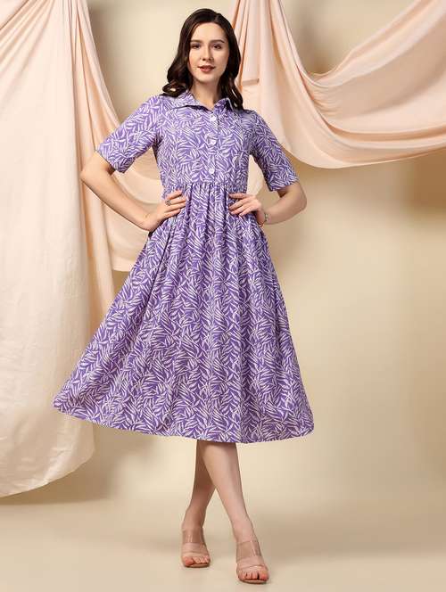 purple printed fit & flare dress - 21243730 - Very Small Image - 1