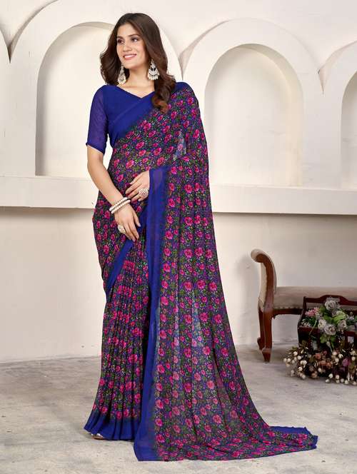 royal blue georgette printed saree with blouse - 21278056 - Very Small Image - 1