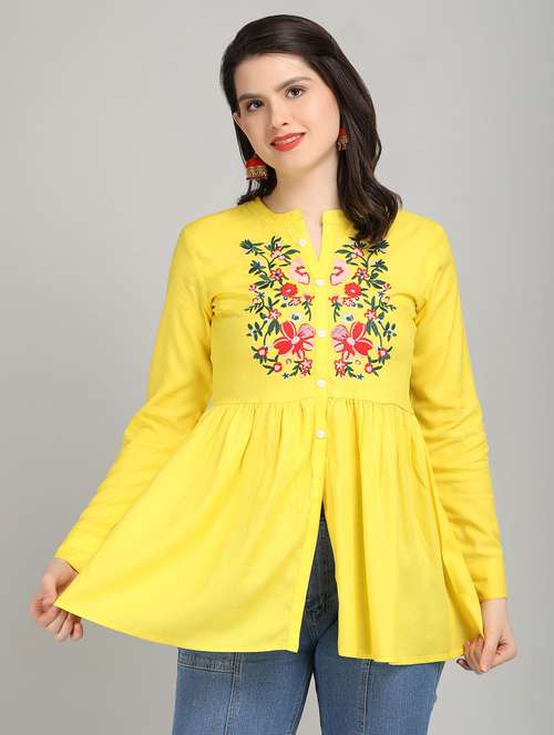 women yellow rayon peplum top - 21311954 - Very Small Image - 1