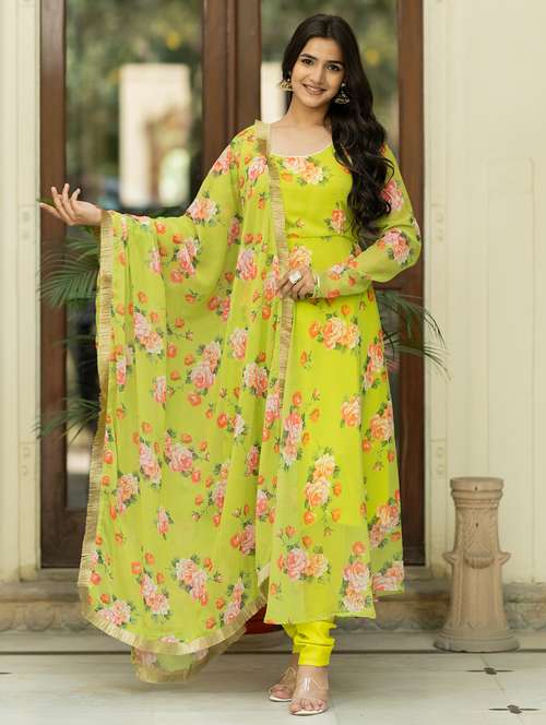 women green floral printed kurta dupatta set - 21342213 - Very Small Image - 1