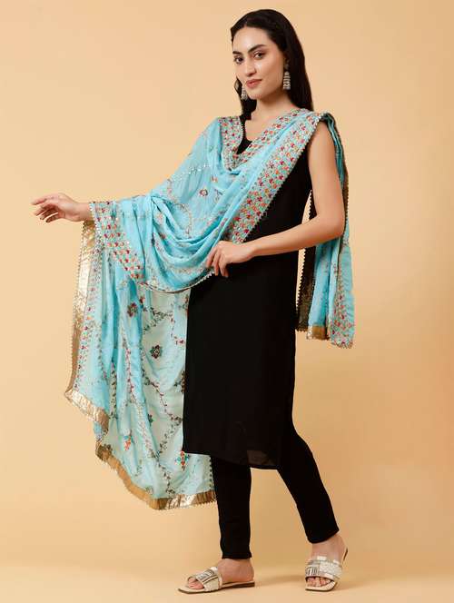light blue embroidered dupatta - 21345588 - Very Small Image - 1