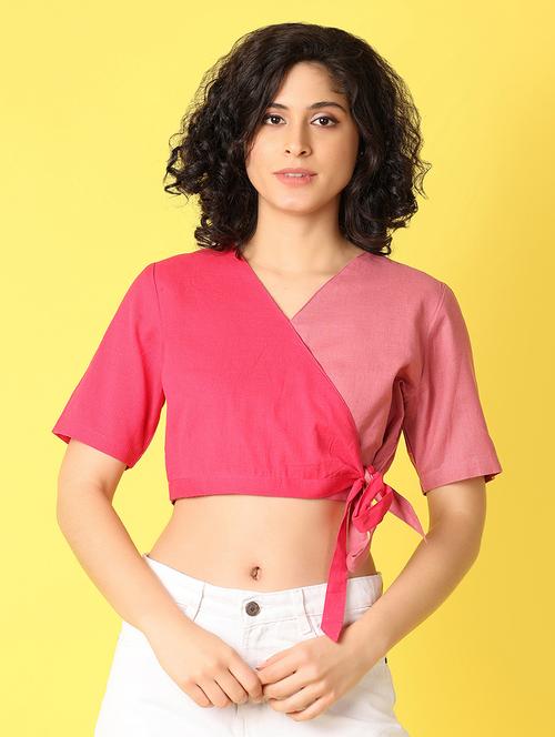women pink color block crop top - 21366128 - Very Small Image - 1