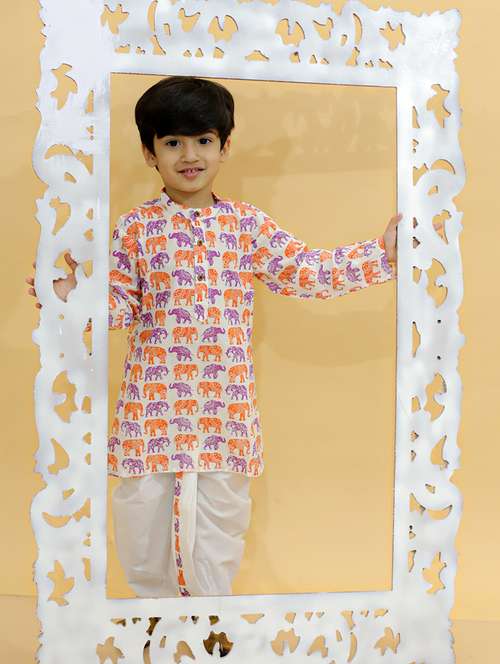 boys mandarin neck printed dhoti kurta set - 21368873 - Very Small Image - 1