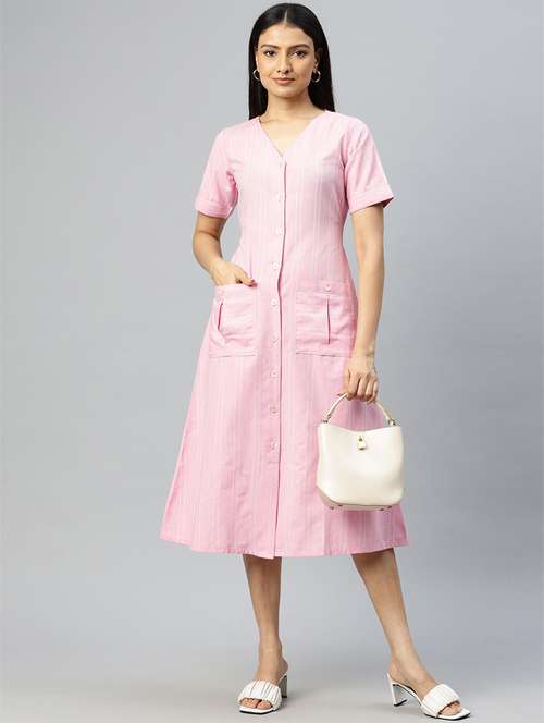 women pink cotton a-line dress - 21382676 - Very Small Image - 1