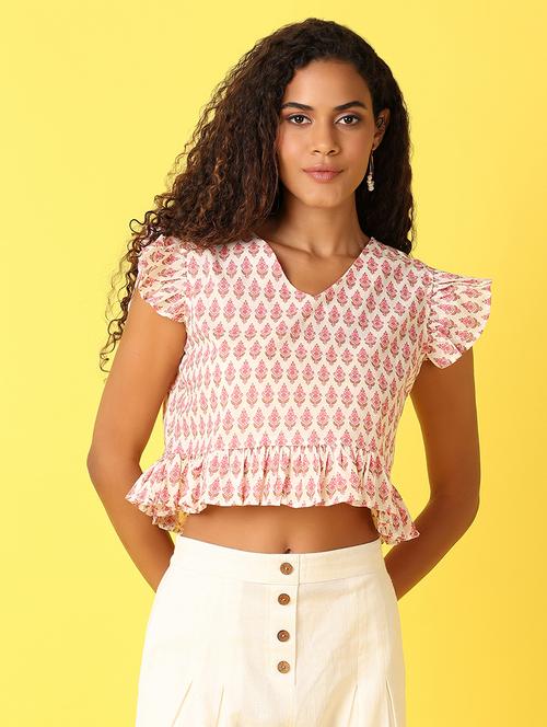 women printed flute sleeves crop top - 21382810 - Very Small Image - 1