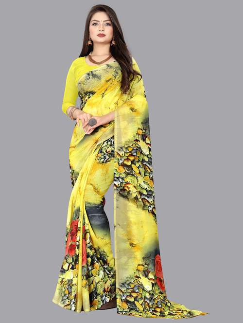 women yellow printed georgette saree with blouse - 21410628 - Very Small Image - 1