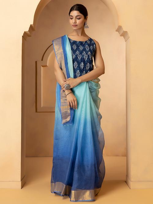 women light blue ombre zari bordered saree with blouse - 21431272 - Very Small Image - 1