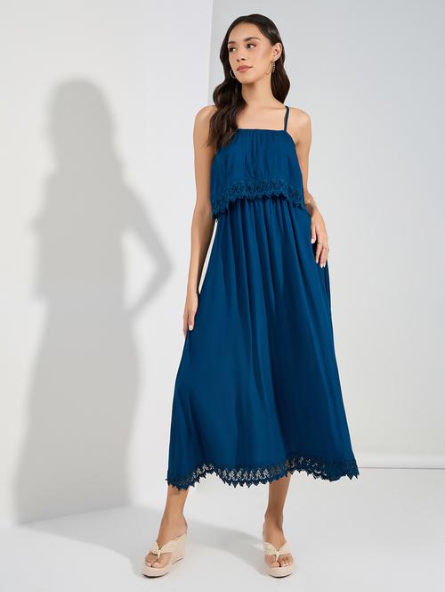 women teal blue shoulder strap lace detailed a-line dress - 21457004 - Very Small Image - 1