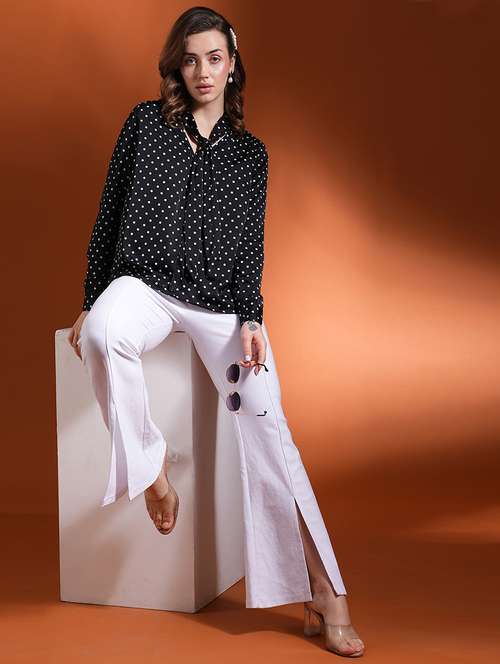 globus women black polka dots tie-up neck cuffed sleeves stain work wear top - 21463143 - Very Small Image - 1