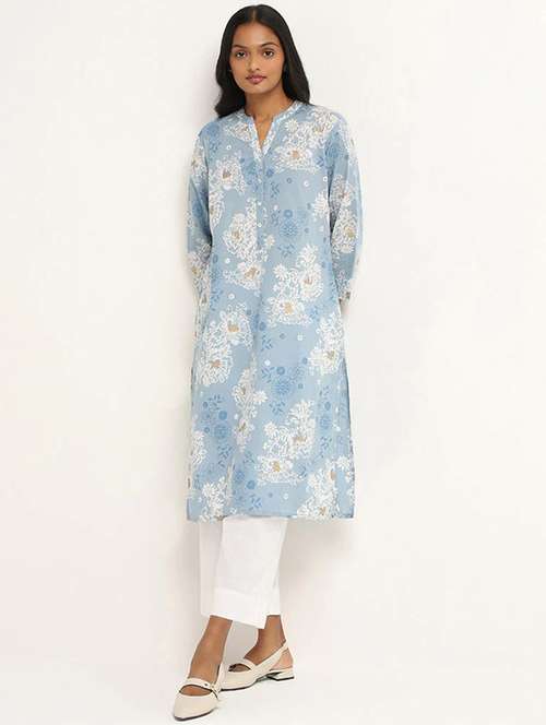 women light blue floral rayon straight kurta - 21489055 - Very Small Image - 1