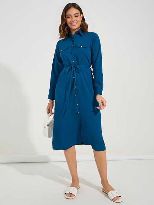 women teal polyester shirt dress - 21494334 - Very Small Image - 1