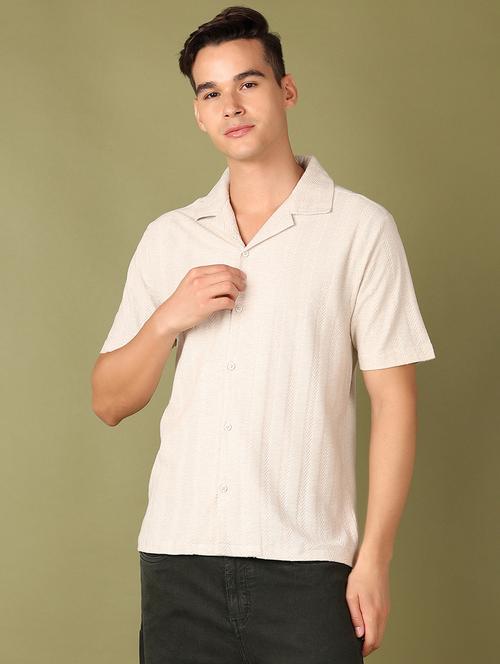 men beige self design short sleeve casual shirt - 21521253 - Very Small Image - 1