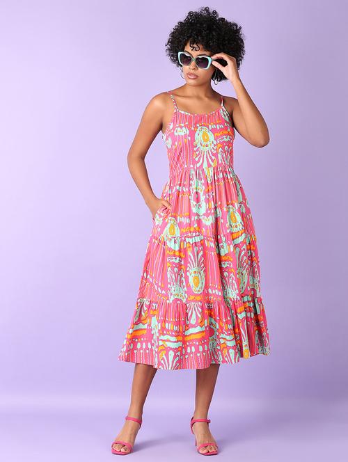 women pink printed sleeveless tiered dress - 21527402 - Very Small Image - 1