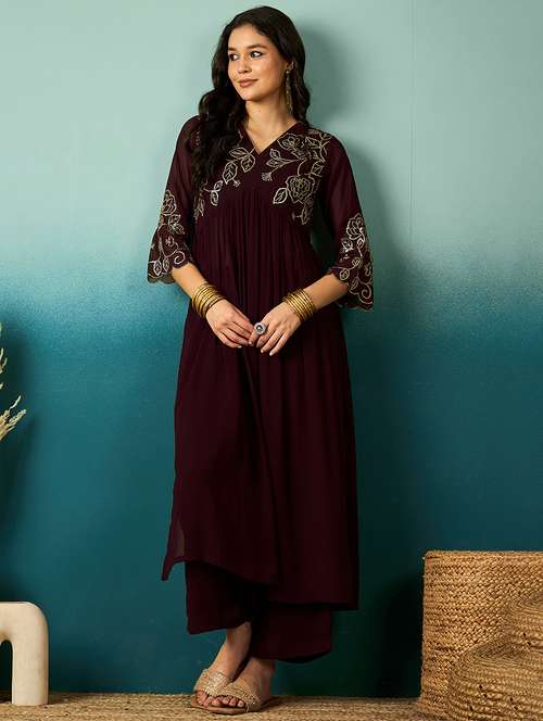 women sequin work v neck kurta palazzo set - 21531336 - Very Small Image - 1