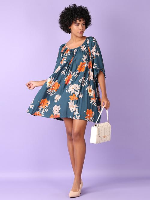 women teal floral printed a-line dress - 21550544 - Very Small Image - 1