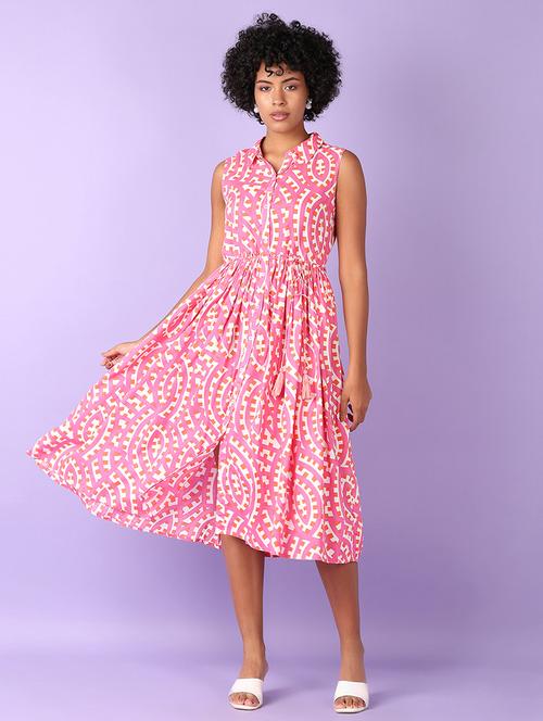 women pink printed sleeveless fit & flare dress - 21558786 - Very Small Image - 1