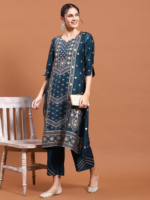 women teal foil print kurta pant set - 21559462 - Very Small Image - 1