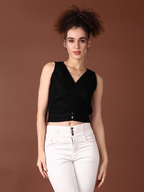women black solid v neck crop top - 21583039 - Very Small Image - 1